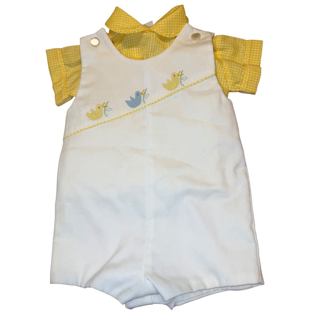 Jayne Copeland Vintage Baby Boys Romper Set Yellow Gingham White Pique Birds 6M